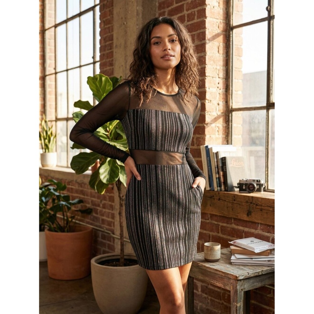 AUW Secret Charm Black Silver Sheer Mesh Long Sleeve Bodycon Mini Dress M NWT